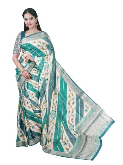 Banarasi Katan Silk Diagonal Floral Vine Striped Ornamental Pallu Saree