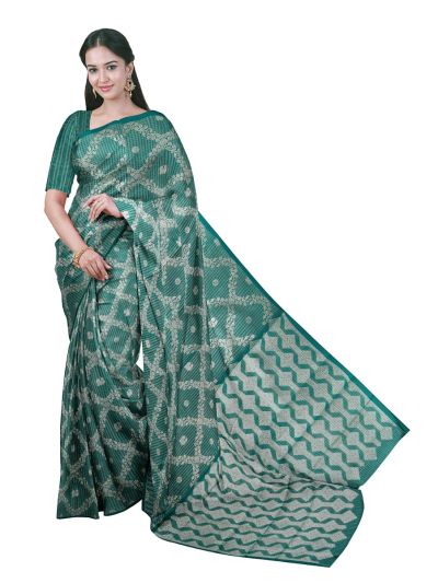 Gracecharm Kora Silk Cotton Teal Green Floral Diamond Saree