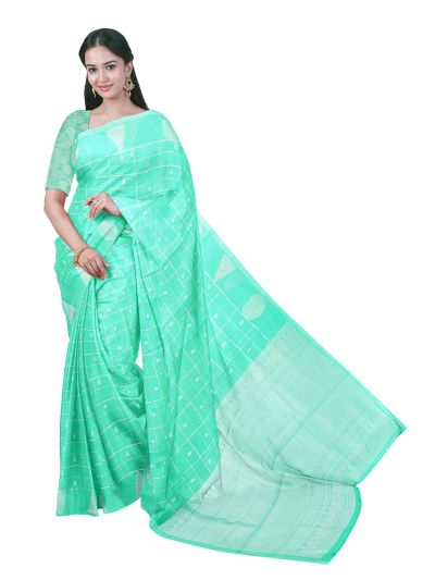 Gracecharm Kora Silk Cotton Checks Butta with Temple Border Saree