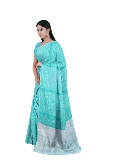 Gracecharm Kora Silk Cotton Aqua Blue Checked Butta Woven Saree