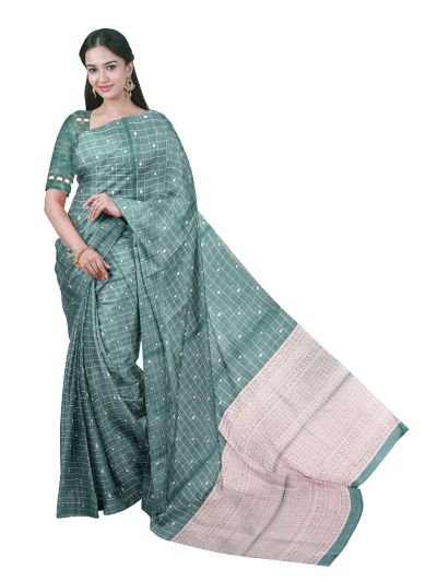 Gracecharm Kora Silk Cotton Sea Green Checked Butta Woven Saree