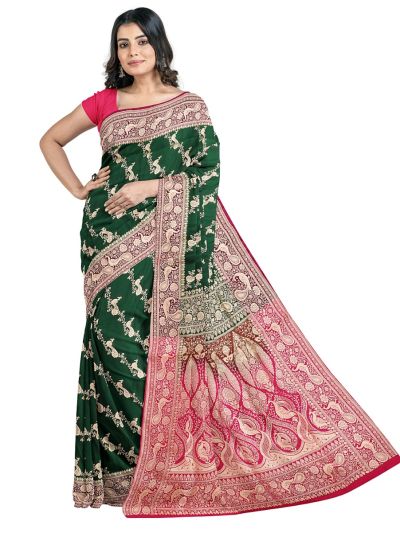 BlossomEase Semi Banarasi Peacock Floral Jaal with Zari Pallu Saree