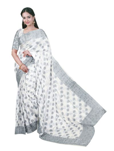 Gracecharm Semi Jute Floral Rosette Butta with Floral Diamond Jaal Pallu Saree
