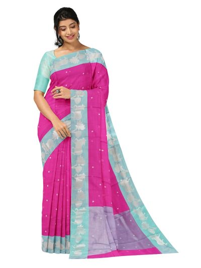 GraceCharm Manipuri Cotton Small Buta with Cow and Lotus Border Saree