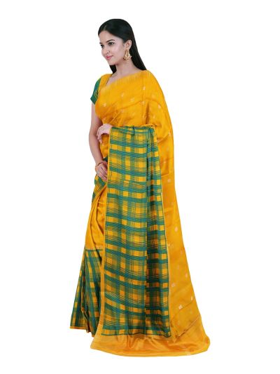 Fancy Viscose Tissue Mustard Yellow Green Checks Temple Border Saree