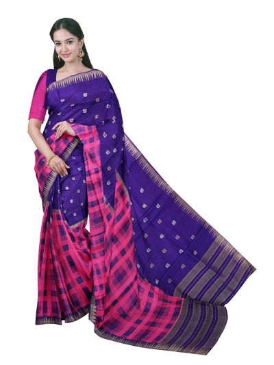 Fancy Viscose Tissue Rani Pink Purple Checks Temple Border Zari Saree