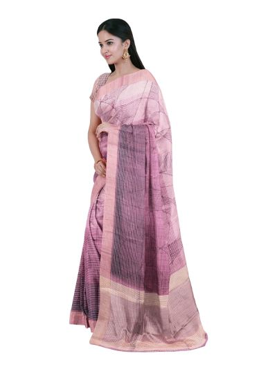 Gracecharm Semi Jute Abstract Geometric Curved Lines with Striped Pallu Border Saree