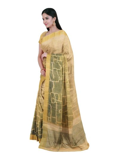 Gracecharm Semi Jute Abstract Geometric Block with Striped Pallu Border Saree