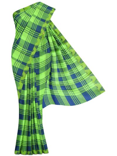 Gracecharm Elegant Kovai Cotton Lime Navy Check Temple Border Saree