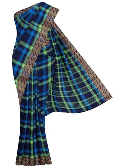 Gracecharm Elegant Cotton Bold Check Leaf Border Saree - Without Blouse