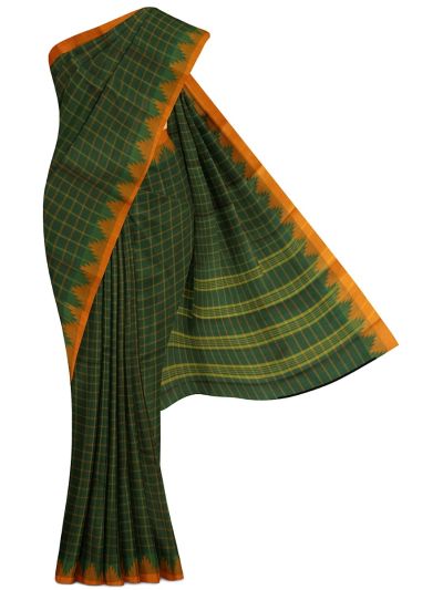 Gracecharm Elegant Kovai Cotton Green Mustard Check Temple Saree