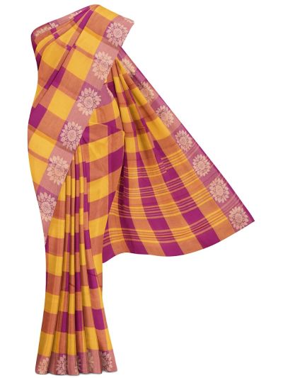 Gracecharm Elegant Cotton Bold Check Floral Border Saree - Without Blouse