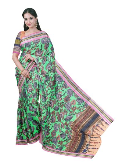 Gracecharm Elegant Chanderi Cotton Floral Print Striped Pallu Saree