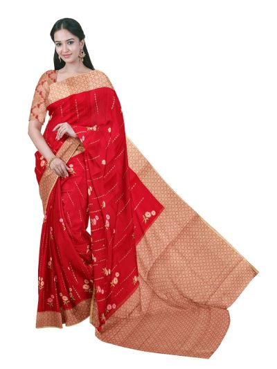 Gracecharm Elegant Manipuri Cotton Red Floral Embroidered Saree