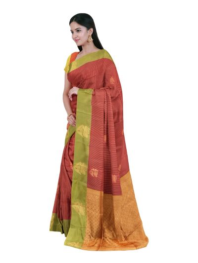 Gracecharm Art Soft Silk Brick Red Floral Zari Butta Contrast Border Saree
