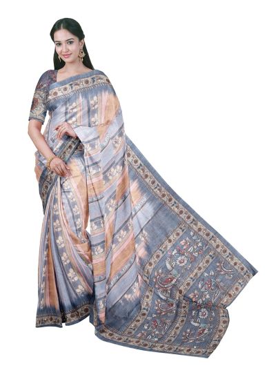 GraceCharm Semi Jute Floral Leaf Buta Stripes with Ornamental Bird Pallu Saree