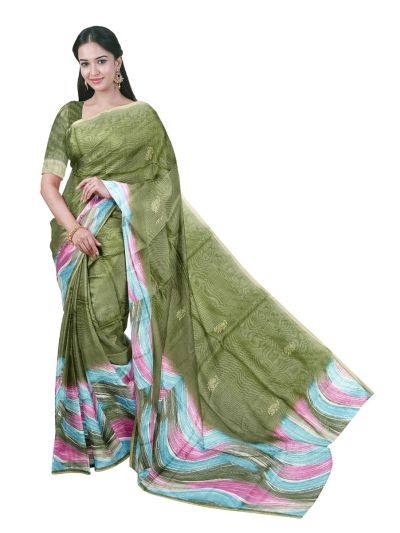 GraceCharm Semi Jute Floral Buta with Multicolour Wave Border Pallu Saree