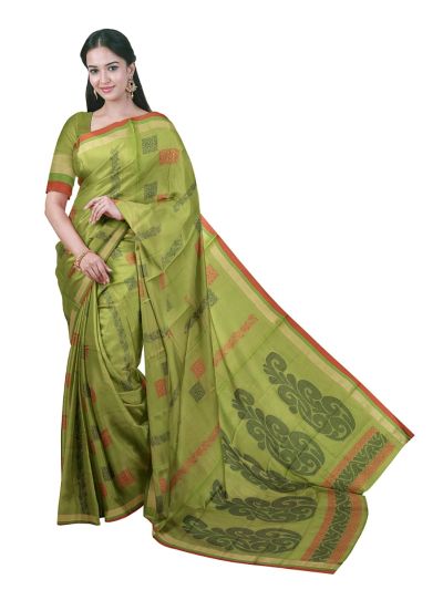 GraceCharm Kovai Cotton Square Floral Buta with Leaf Vine Pallu Saree