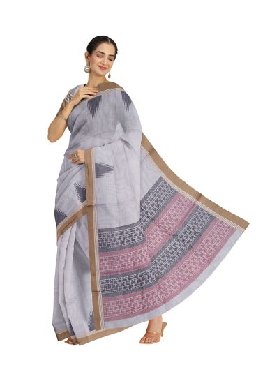 GraceCharm Kovai Cotton Plain with Geometric Striped Pallu Saree