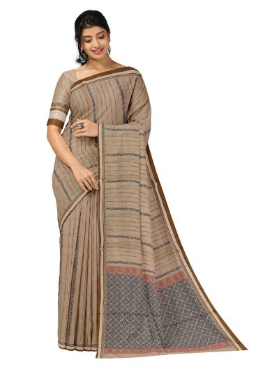 GraceCharm Kovai Cotton Floral Vine Stripe with Geometric Floral Pallu Saree