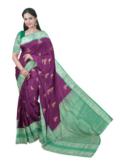 GraceCharm Art Silk Plum Purple Peacock Butta Emerald Green Zari Pallu Saree