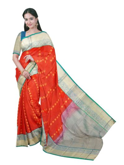 GraceCharm Art Silk Coral Red Gold Butta with Diamond Brocade Pallu Saree