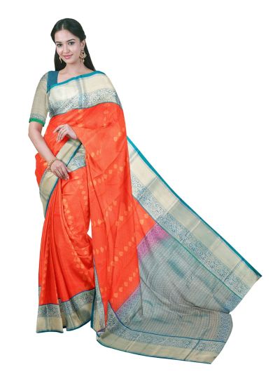 GraceCharm Art Silk Coral Red Gold Butta with Diamond Brocade Pallu Saree