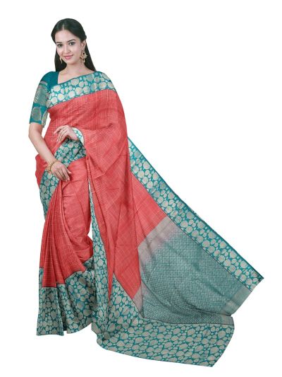 GraceCharm Art Silk Coral Red Fine Checks with Teal Leaf Border Saree