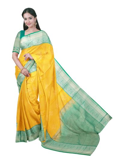 GraceCharm Art Silk Mustard Yellow Floral Butta with Zigzag Pallu Saree