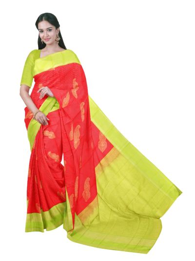 GraceCharm Art Silk Coral Red Mango Paisley Butta with Contrast Border Saree