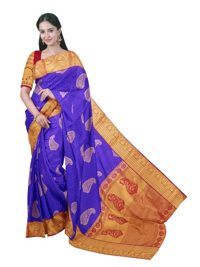 GraceCharm Art Silk Electric Indigo Paisley Butta Contrast Zari Border Saree