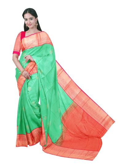 GraceCharm Art Silk Sea Green Floral Butta Pink Contrast Zari Border Saree