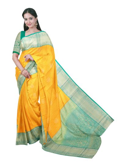 GraceCharm Art Silk Mango Yellow Butta with Medallion Pallu Saree