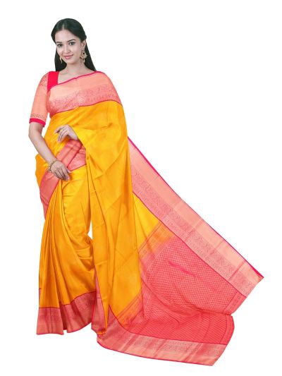 GraceCharm Art Silk Mango Yellow Butta with Floral Jaal Pallu Saree