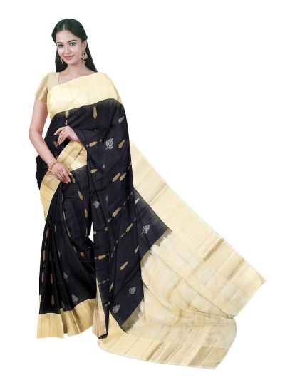 Gracecharm Elegant Pure Soft Silk Butta Design Contrast Border Saree