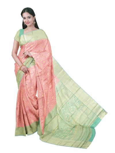 Gracecharm Gift Art Light Pink Silk Floral Butta Checks with Zari Pallu Border Saree