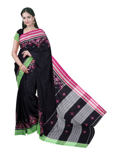 Black Banahatti Cotton Saree with Temple Border and Striped Pallu