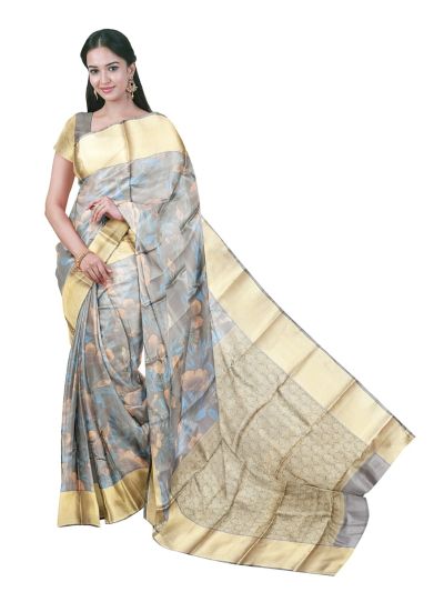 Gracecharm Art Soft Silk Poppy Floral Vine with Rosette Pallu Saree