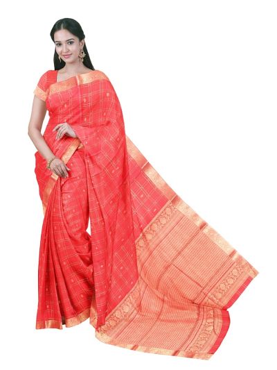 kora Silk Cotton Coral Checks Leaf Butta with Zari Jaal Pallu Saree   