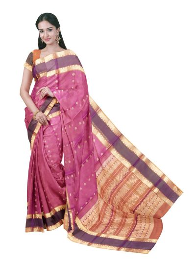 kora Silk Cotton Rani Pink Floral Butta Chevron Pallu Saree
