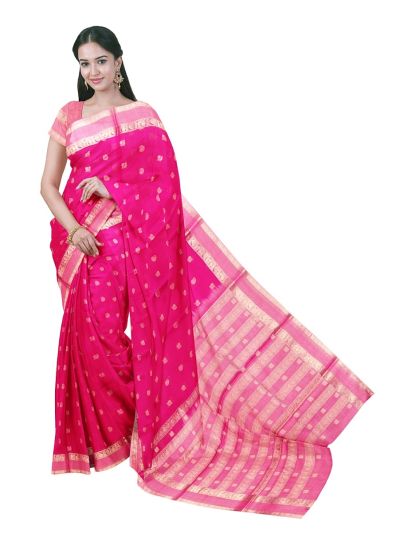 kora Silk Cotton Rani Pink Paisley Floral Butta Striped Pallu Saree  
