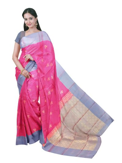 Art Soft Silk Fuchsia Checks Floral Butta with Diamond Zari Pallu Saree