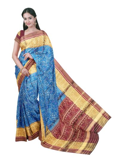 Pochampally Silk Geometric Floral Ikat with Floral Geometric Stripe Pallu Saree