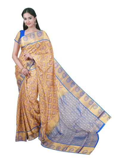 Gracecharm beige yellow Gift Art Silk Floral Jacquard with Geometric Pallu Saree