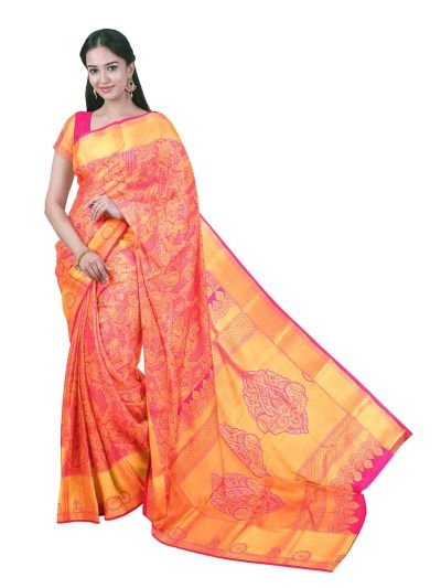 Gracecharm Rust Orange Gift Art Silk Floral Jacquard with Geometric Pallu Saree
