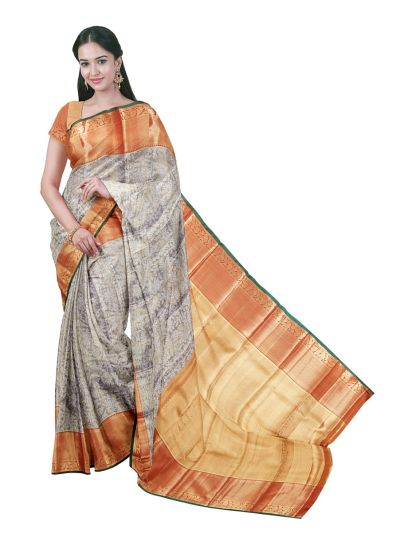 Gracecharm Tissue Grey Soft Silk Floral Leaf Motif Paisley Pallu Saree