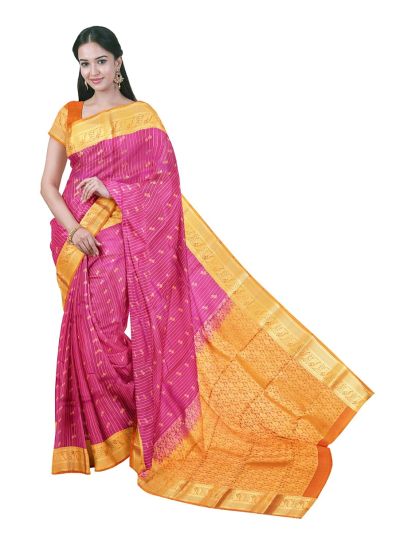 Gracecharm Pure Silk vertical stripes Gold Metallic Zari Thread Saree