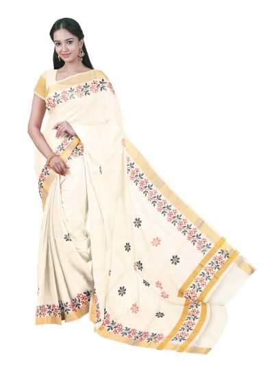 Kerala Cotton Floral Butta with Floral Vine Pallu Saree