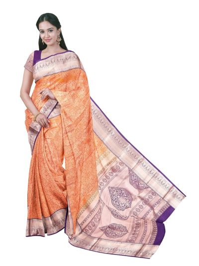 Gracecharm Bright Orange Gift Art Silk Daisy Floral Vine Jaal Teardrop Butta Pallu Saree 