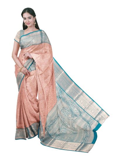 Gracecharm Gift Art Silk Floral Butta Checks Pastel Peach with Zari Pallu Border Saree